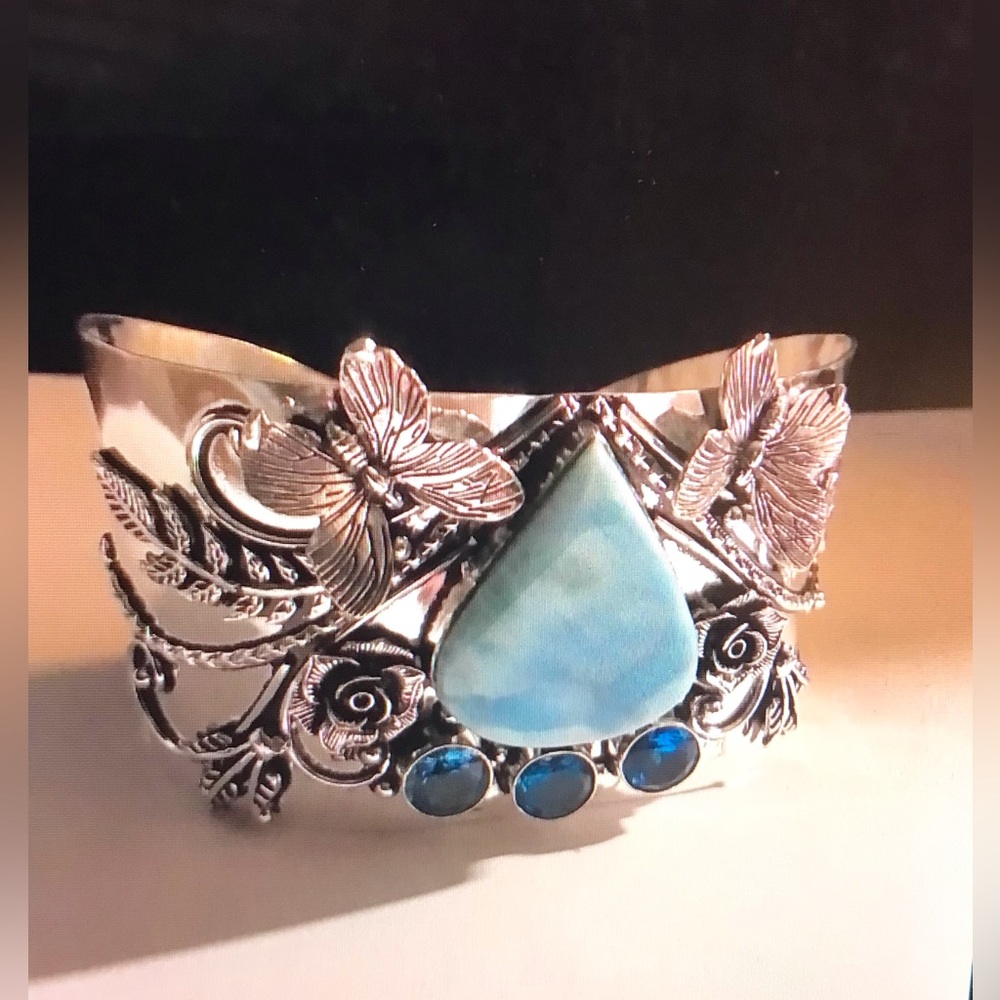 Larimar Stamped Solid 925 Sterling Silver Cuff Bracelet